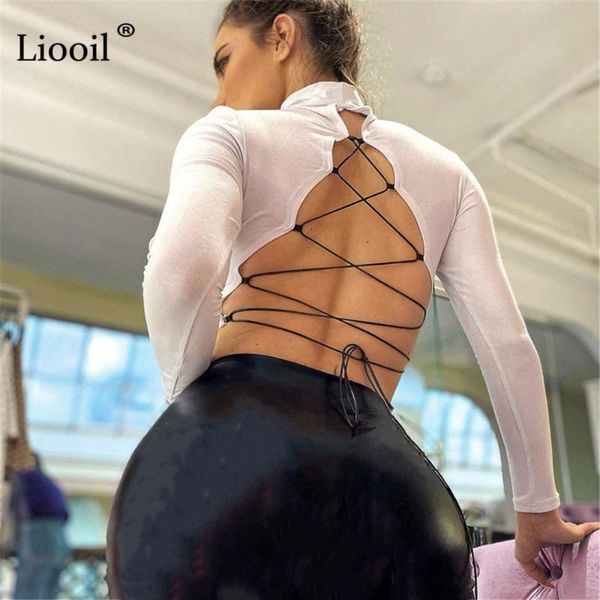 

women's t-shirt liooil bandage t shirt women backless bodycon fall winter long sleeve o neck drawstring black white tight tshirt