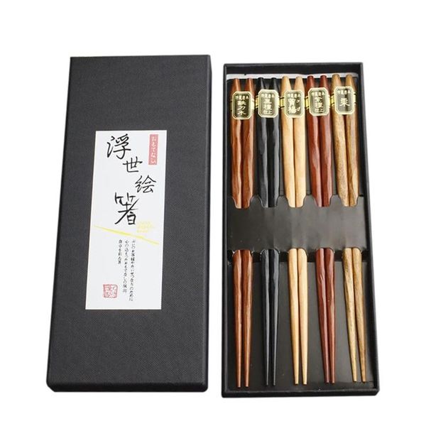 Essstäbchen 5 Paar Holzgeschirr Japanisches wiederverwendbares Küchen-Esszimmer-Sushi-Stäbchen-Set aus Buchenholz Reiseanzug