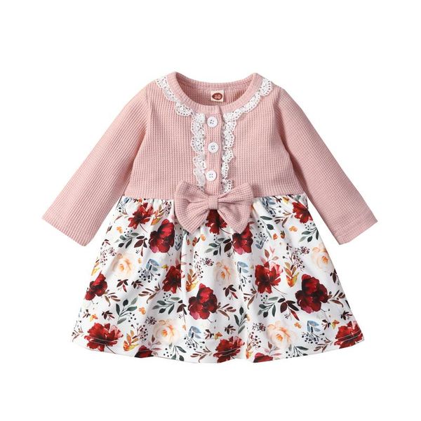 

girl's dresses 0-24m cute born baby girl long sleeve patchwork lace floral princess dress outfits clothes, Red;yellow