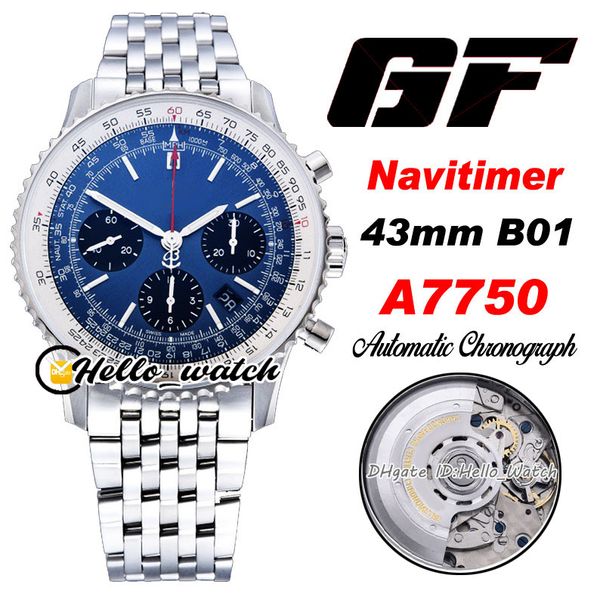 Gf b01 43mm ab012111c1a1 a775011c1a1 a7750 ETA automático cronógrafo mens relógio azul discar branco interior ab01211 bracelete de aço inoxidável relógios hwbe hello_watch