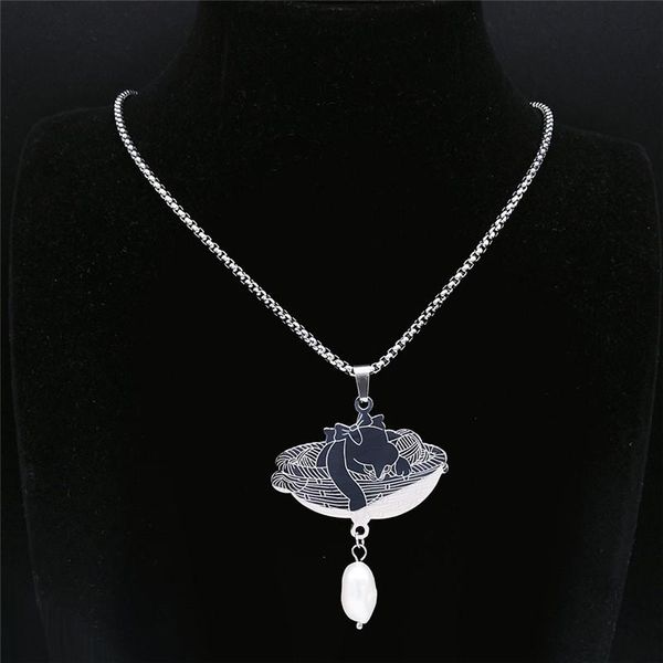 

pendant necklaces 2021 fashion cat stainless steel freshwater pearls pendants silver color jewelry collares de acero inoxida n2212s01