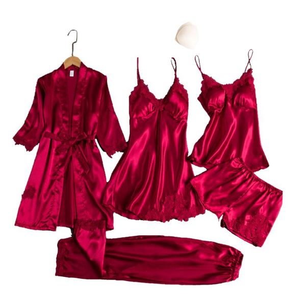 

lady pajamas 5pc lace decorated ice silk pajamas/suspender skirts/vest/shorts/trousers chest pad home clothing woman sleepwear women's, Black;red