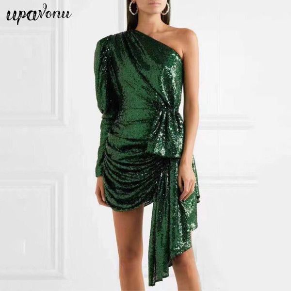 

casual dresses 2021 autumn christmas lantern sleeve one-shoulder party dress bodycon women's sequin green solid color vestidos, Black;gray