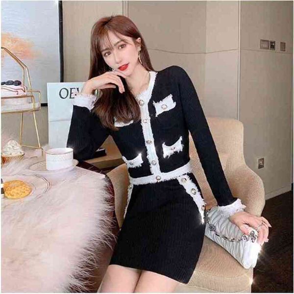 

fashion bag hip skirt suit women autumn and winter tassel edge contrast color cardigan two-piece 210520, White