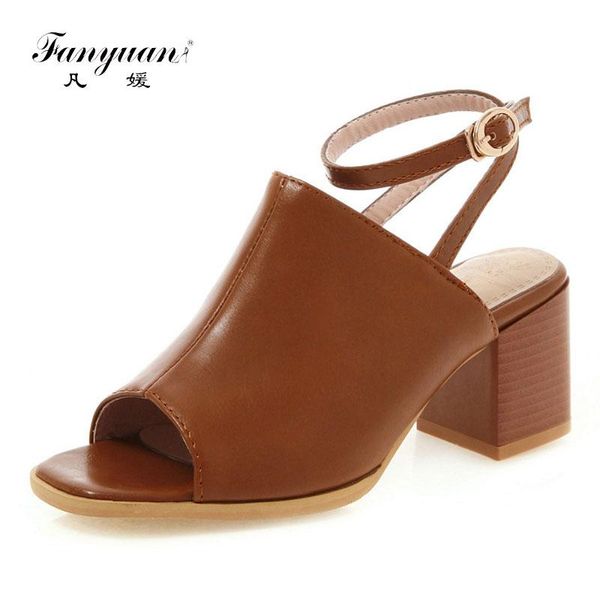 

fanyuan big size 34-43 ankle strap square high heels women shoes woman casual party office summer sandals, Black