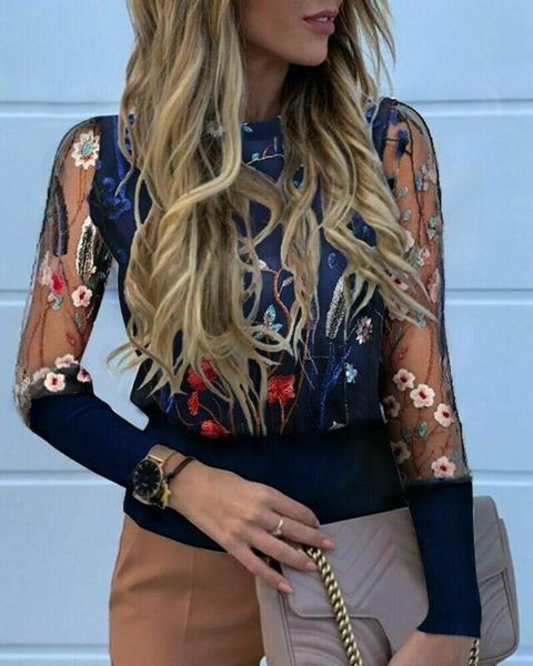 

fashion women's round neck mesh shirts blouse long-sleeved embroidery see through shirt lady pullover blouses clothes &, White