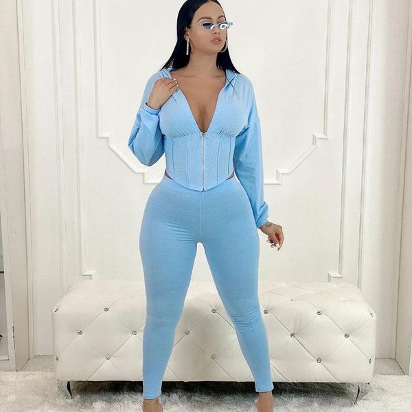 

fashion hooded zipper cardigan suit waist shaping sweater casual trousers sports two-piece 4 colors matching sets for women two piece dress, White
