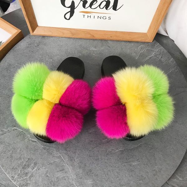 

blue pink mixed color pvc flat sole brand fur slides slippers for girls, Black
