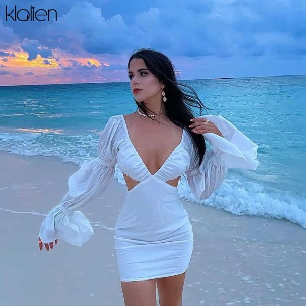 

casual dresses klalien fashion elegant office lady long sleeve v neck white dress for women birthday party vacation mini autumn, Black;gray