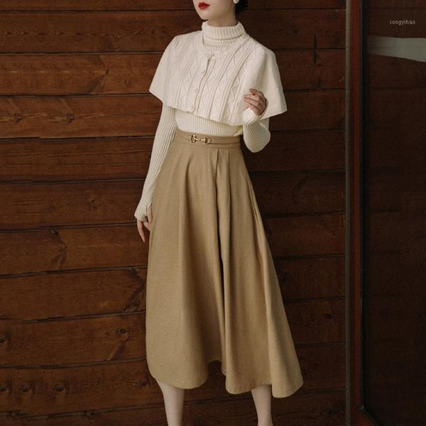 

retro two piece sets fashion temperament mantle turtleneck high waist swing half skirt suit women's tracksuits, Gray