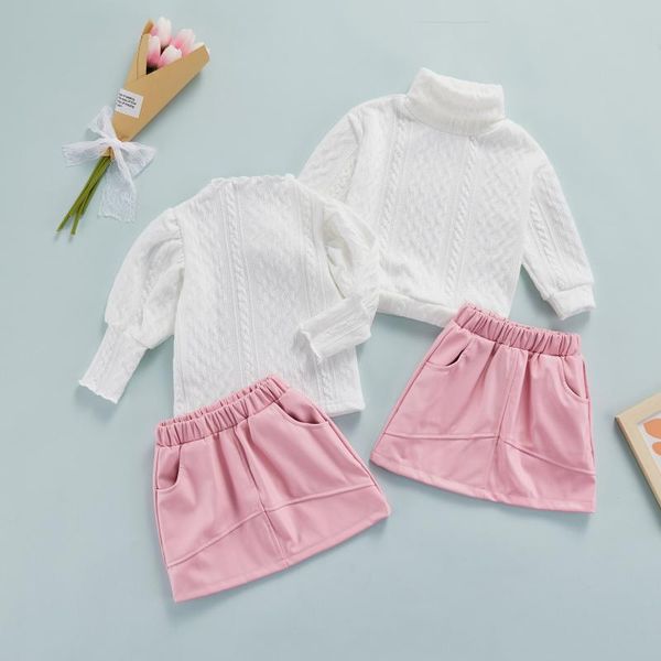 

clothing sets focusnorm 2pcs kids girls fashion clothes set solid color knit puff sleeve + elastic waist leather skirt outfit 2-7 years, White