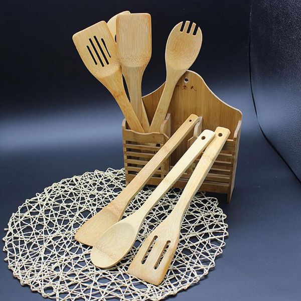 

dinnerware sets cooking utensils set 5 pieces bamboo wooden spoons spatulas bonus heat resistant for cookware kitchen tools non stick #feb