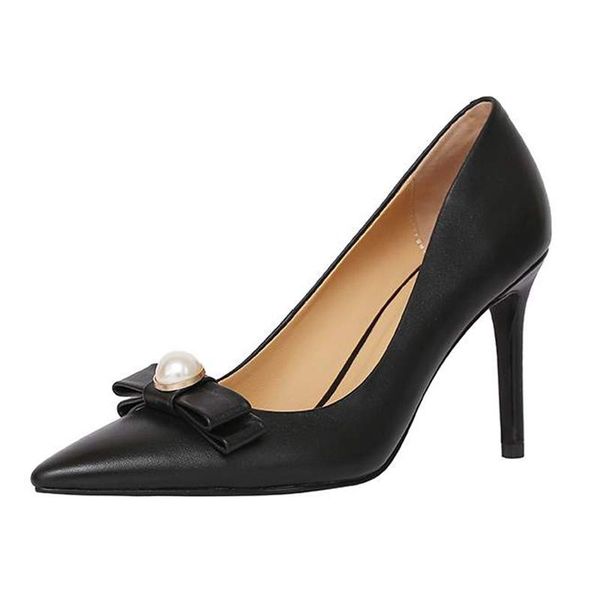 

lenkisen genuine leather pointed toe super high heles shallow pearl butterfly-knot metal young lady slip on women pumps l28 dress shoes, Black