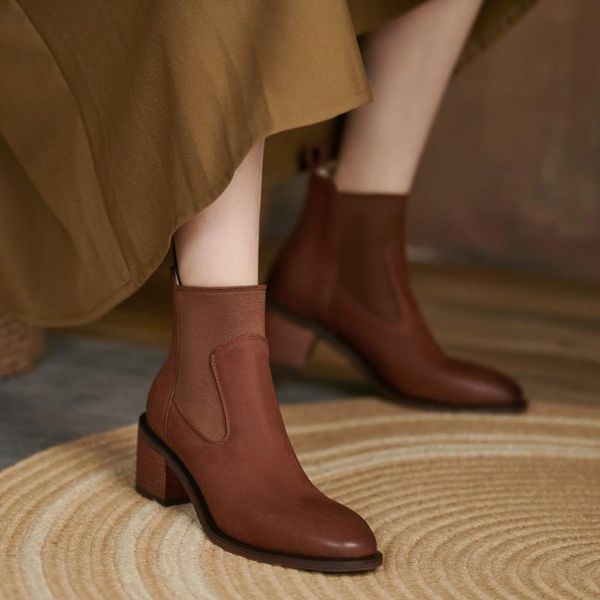 

boots fashion women ankle round toe elastic band shoes genuine leather slip on ladies all match motorcycle size 42, Black