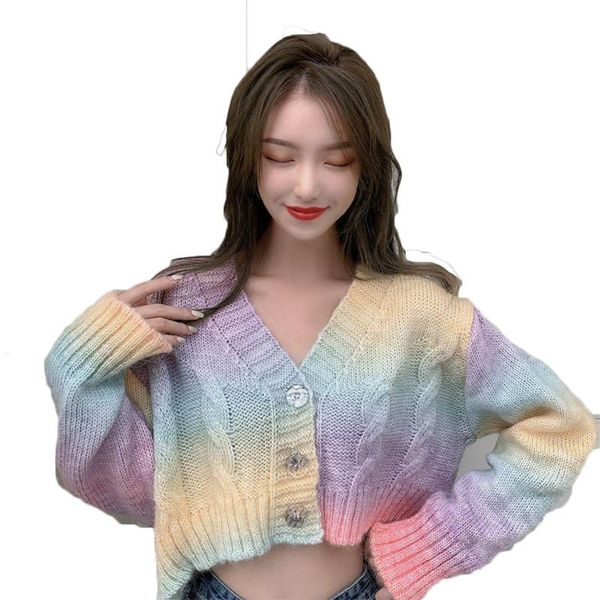 

women's knits & tees rainbow sweater women korean version of the early autumn 2021 soft waxy color matching lazy style v-neck outer wea, White