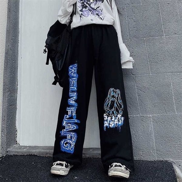 

qweek anime print wide leg pants women harajuku streetwear alt oversize jogging sweatpants baggy korean fashion joggers trousers 211115, Black;white