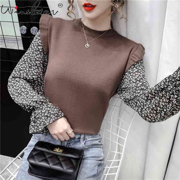 

spring autumn sweater women patchwork chiffon flare sleeve pullover jumper knit wear casual t00703a 210421, Black;white