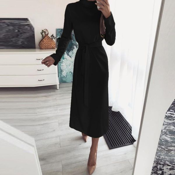 

casual dresses black autumn dress women turtleneck elegant female mid-calf long sleeve pure color party, Black;gray