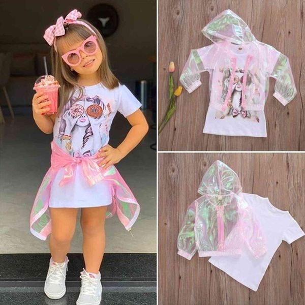 

1 6y summer lovely inafnt baby girls dress coat 2pcs sun protective short sleeve zipper printed see through clothes, White