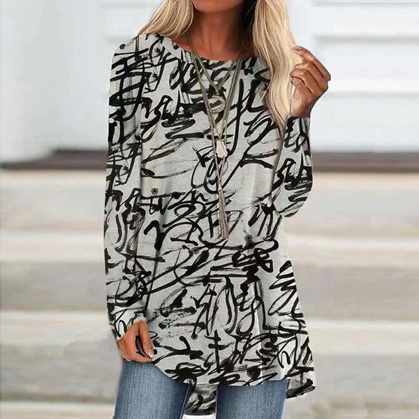 

women's t-shirt autumn winter women print long-sleeved round neck loose casual large size pullover ladies 3xl, White