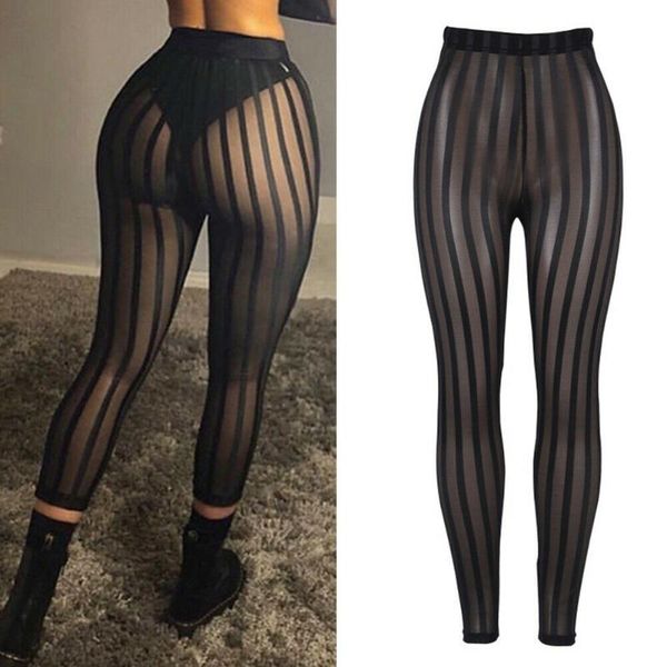 

women's leggings women striped mesh perspective pants knee length slim trousers club wear stretchy, Black