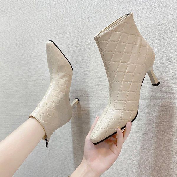 

boots striped ankle high heels women black beige women's autumn stiletto heel pointed toe 20211