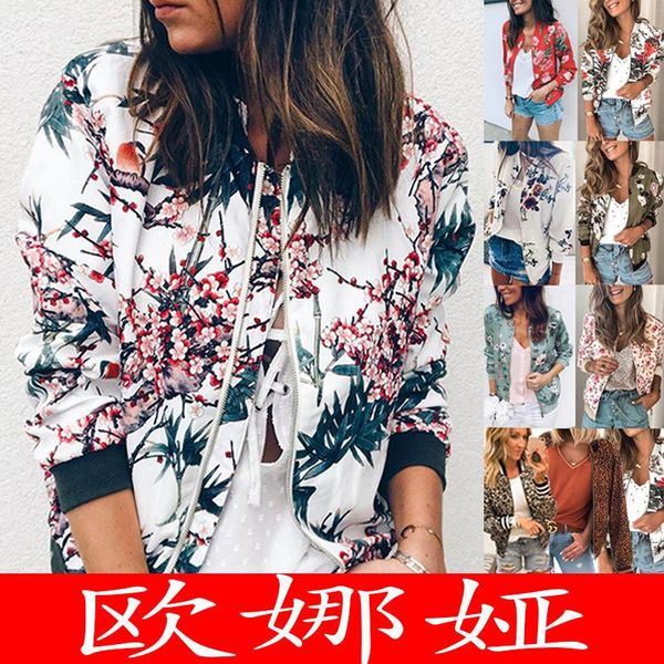 

autumn winter versatile fashion print round collar zipper long sleeve jacket for women women's jackets, Black;brown