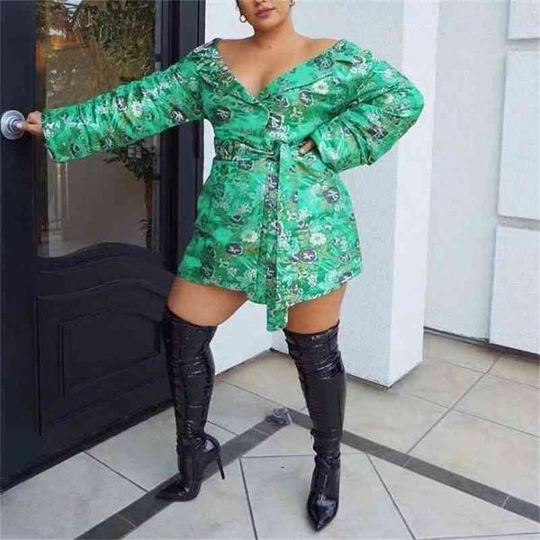 

african plus size dresses slash neck long sleeve green floral print mini length elegant for office business autumn dress 210510, Black;gray