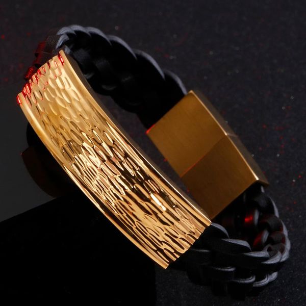 

tennis braided genuine leather wrap bracelet for man fashion gold black stainless steel mens bracelets male jewelry boyfriend his gifts, Golden;silver