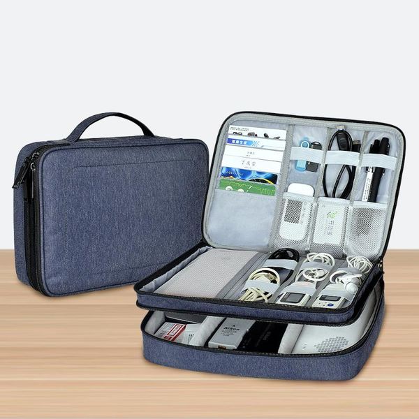 

digital accessories storage bag double-layer large capacity multi-function nylon waterproof box data cable cosmetic bags & cases