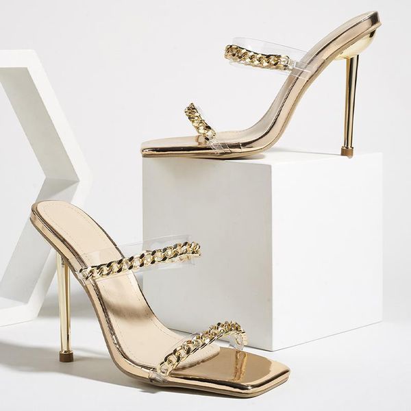 

women's shoes golden chains ladies slippers comfortable casual female square toe slip on clear thin heels footwear1, Black