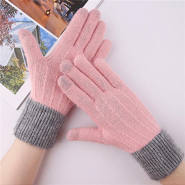 

five fingers gloves the touch screen ladies cashmere knit winter imitation knitting plus velvet thick warm outdoor 2021, Blue;gray