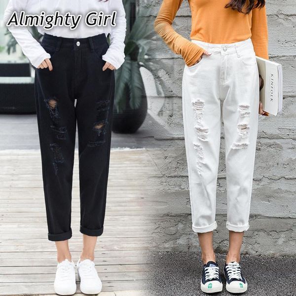 

women's jeans mom denim crop ankle length white black high waisted ripped for women vintage ladies boyfriend baggy loose pants 019 odvt, Blue
