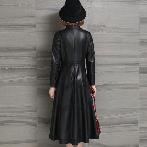 

women's leather & faux fashion women party mid calf long dress coat lace stand collar slim fit sheepskin genuine jacket ladies outwear, Black