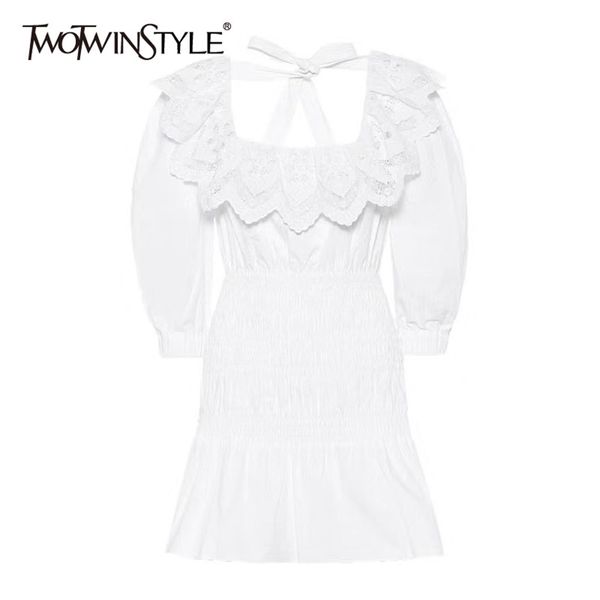 Elegante backless lace up bowknot vestido para mulheres quadrado colar de plissado cintura alta vestidos feminino 210520