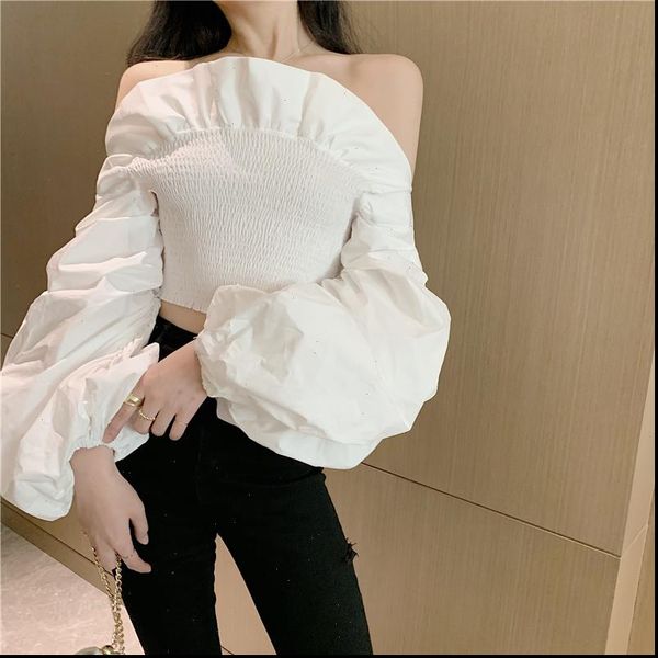 

salevela white spring ruffled women blouses shoulders bubble sleeve blusas
