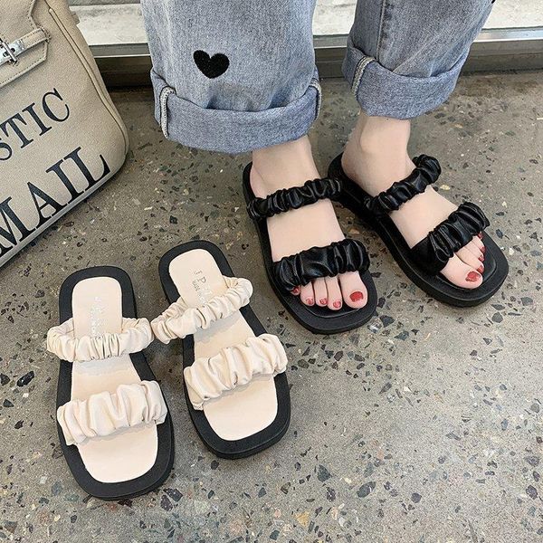 

slippers pu beach woman shoes women's for summer 2021 fashion platform sandals designer flat women heels slides, Black