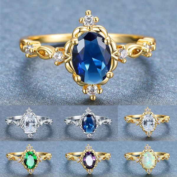 

wedding rings luxury female rainbow crystal thin ring classic gold silver color for women charm bride oval opal engagement, Slivery;golden