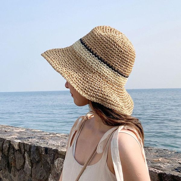 

beach hat women's summer panama straw bags or wicker cap bucket sun hats stripe visor wide brim, Blue;gray