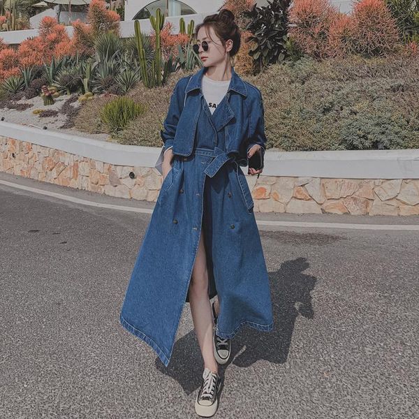 

women's trench coats england style long oversize denim coat women windbreaker double-breasted lady duster cloak spring autumn outerwear, Tan;black