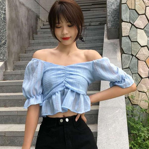 

candy color blouses for women fashion sweet square collar puff sleeve shirts 2021 wild solid colour crop women's &, White