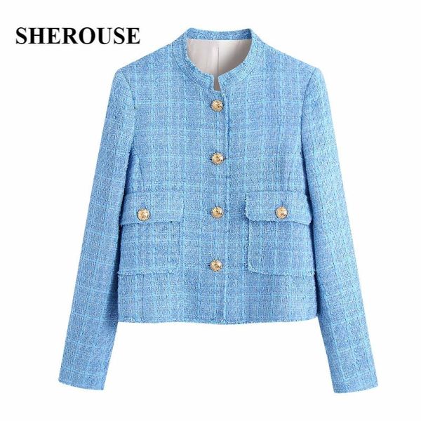 

women's jackets sherouse 2021 women fashion with pockets texture solid cropped jacket single breasted o-neck vintage female coat chic o, Black;brown