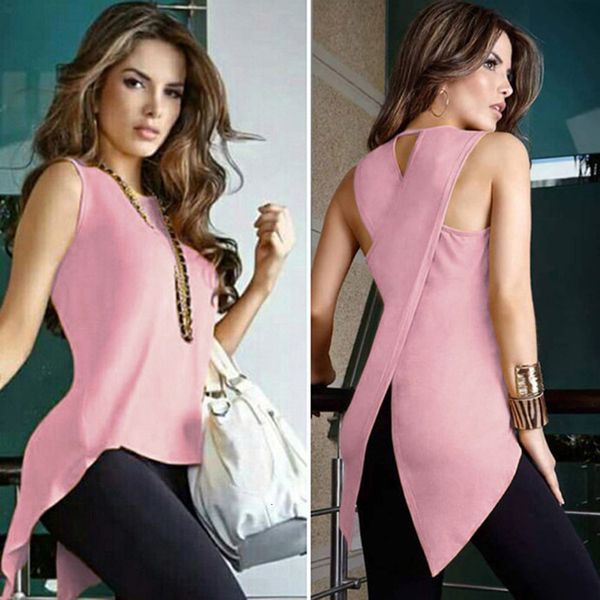 

women's t-shirt summer women fashion sleeveless back cross female tee shirt femme irregular slim, White