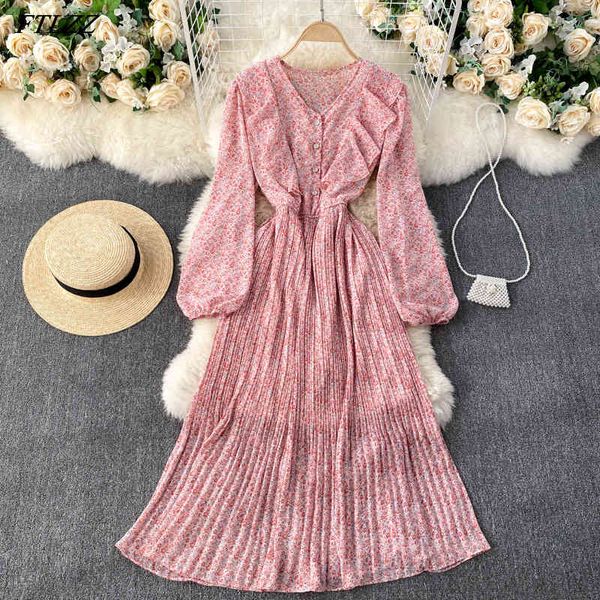 Mola Outono Mulheres Elegantes Botão Ruffled Botão Longo Vestido Vintage Slow Slow Sleeve Bohemia Casual Floral Impressão 210423