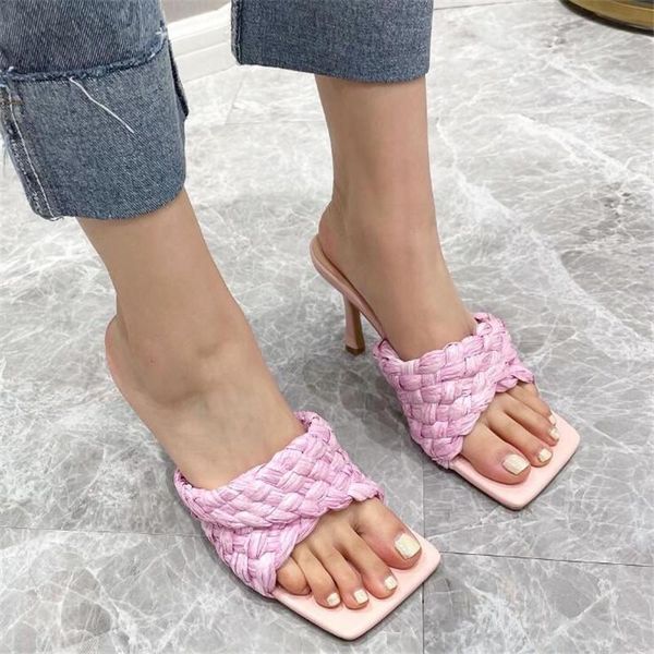 

slippers 2021 summer women raffia weave vintage square toe dress shoes zapatos de mujer heel weaving sandals, Black