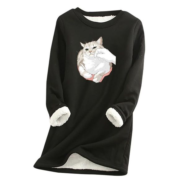 

women's hoodies & sweatshirts cat printed blouses women winter thick fleece printing sweatshirt warm o-neck long sleeve plush clothes n, Black