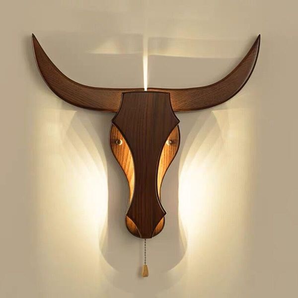 

wall lamp loft industrial retro natural wood cow animal style lamps e27 led sconce lights modern for living room bedroom bar