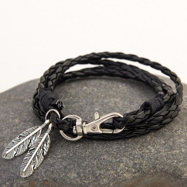 

bangle fashion punk hand-woven leaf multilayer leather cord bracelet jewelry, Black