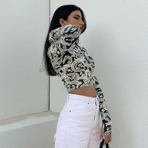 

women's t-shirt dragon print turtleneck crop tshirt women casual skinny long sleeve t-shrit ladies fashion streetwear tee shirts, White