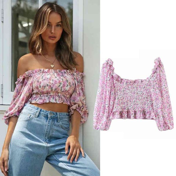 

tee 2021 spring chiffon flower printing short blouse ladies streetwear, White